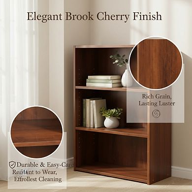 ZUQIETA Beginnings 3-Shelf Bookcase - Adjustable Shelves in Elegant Brook Cherry Finish