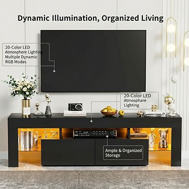 ZUQIETA Modern LED TV Stand for 70"TVs-Black with Glass Shelves,Drawer&RGB Lighting