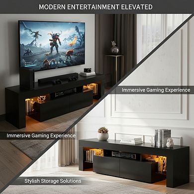ZUQIETA Modern LED TV Stand for 70"TVs-Black with Glass Shelves,Drawer&RGB Lighting
