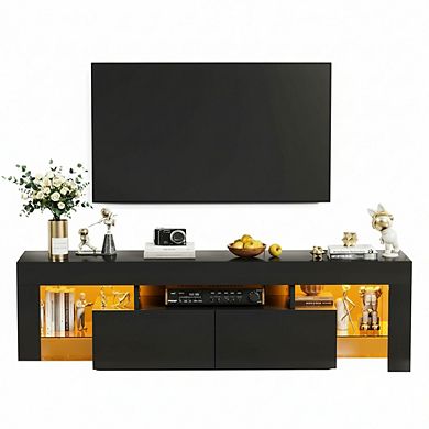 ZUQIETA Modern LED TV Stand for 70"TVs-Black with Glass Shelves,Drawer&RGB Lighting