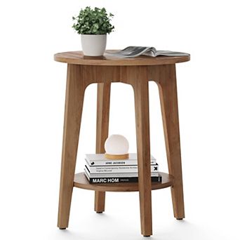 Modern 2 tier Round End Table with Rustic Walnut Finish and Tapered Legs for Living Room or Bedroom