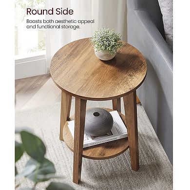 Modern 2-Tier Round End Table with Rustic Walnut Finish and Tapered Legs for Living Room or Bedroom