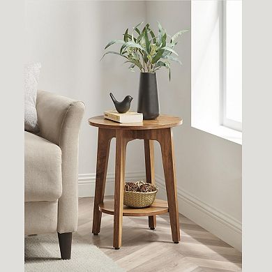 Modern 2-Tier Round End Table with Rustic Walnut Finish and Tapered Legs for Living Room or Bedroom