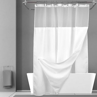 Waffle Weave Shower Curtain with Liner Set, 12 White Hooks, Mesh Top Window, 71x72, Water Resistant