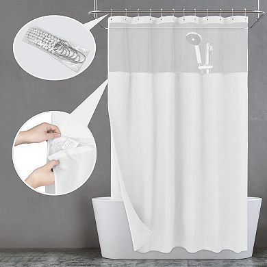Waffle Weave Shower Curtain with Liner Set, 12 White Hooks, Mesh Top Window, 71x72, Water Resistant
