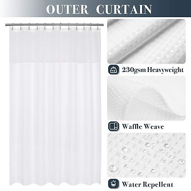 Waffle Weave Shower Curtain with Liner Set, 12 White Hooks, Mesh Top Window, 71x72, Water Resistant