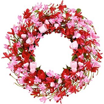 Handcrafted Valentine's Day Wreath: 22" Pink Tulips, Red Berries, Greenery for Front Door, Weddings