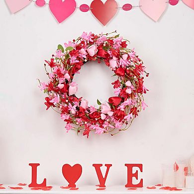 Handcrafted Valentine's Day Wreath: 22" Pink Tulips, Red Berries, Greenery for Front Door, Weddings