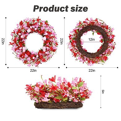 Handcrafted Valentine's Day Wreath: 22" Pink Tulips, Red Berries, Greenery for Front Door, Weddings