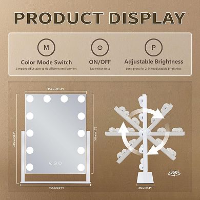 Adjustable Brightness 3 Color LED Touch-Control Vanity Mirror with 10X Magnification
