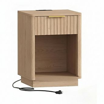 ZUQIETA Fluted Nightstand Set of 2 with Charging Station & LED, Mid-Century Drawer, Natural Oak