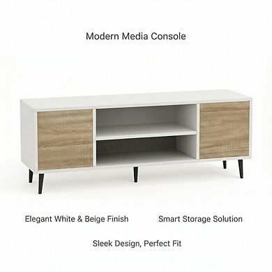 ZUQIETA Modern 65"TV Stand-Retro Media Console with Storage Cabinets&Shelves, White