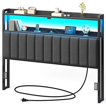 Adjustable Height Queen Size Headboard with LED Lights, Storage, USB & Type C Ports, Black Upholster