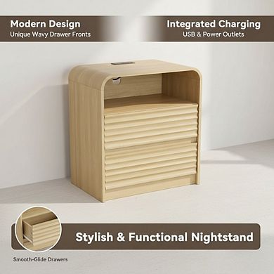 ZUQIETA Modern Nightstand Set of 2 with Charging Station & Drawers, 23.6" Bedside Table