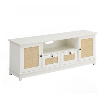 ZUQIETA Rattan Boho TV Stand for 65"+ TVs with Storage Drawer & Adjustable Shelf, White