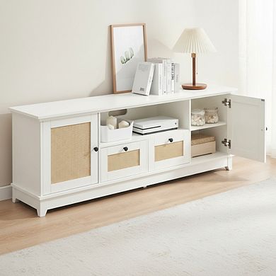 ZUQIETA Rattan Boho TV Stand for 65"+ TVs with Storage Drawer & Adjustable Shelf, White