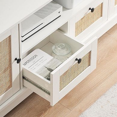 ZUQIETA Rattan Boho TV Stand for 65"+ TVs with Storage Drawer & Adjustable Shelf, White