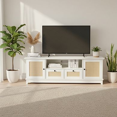 ZUQIETA Rattan Boho TV Stand for 65"+ TVs with Storage Drawer & Adjustable Shelf, White