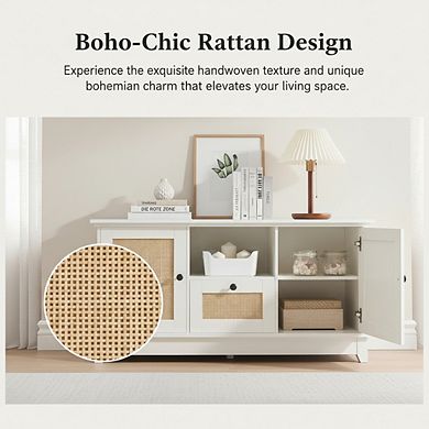 ZUQIETA Rattan Boho TV Stand for 65"+ TVs with Storage Drawer & Adjustable Shelf, White