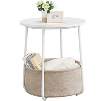 Round Side Table: Modern Nightstand with Fabric Basket, White & Brown