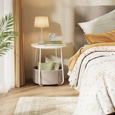 Round Side Table: Modern Nightstand with Fabric Basket, White & Brown