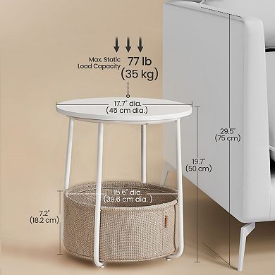 Round Side Table: Modern Nightstand with Fabric Basket, White & Brown