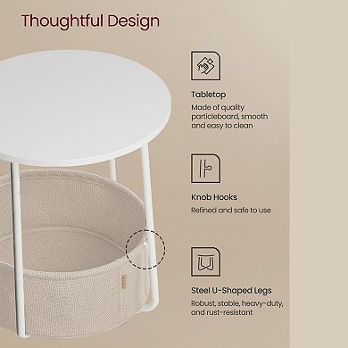 Round Side Table: Modern Nightstand with Fabric Basket, White & Brown