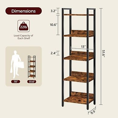 ZUQIETA 5-Tier Space-Saving Bookcase - Tall Storage Organizer for Small Rooms, Rustic Brown/Black
