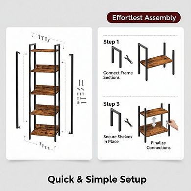 ZUQIETA 5-Tier Space-Saving Bookcase - Tall Storage Organizer for Small Rooms, Rustic Brown/Black