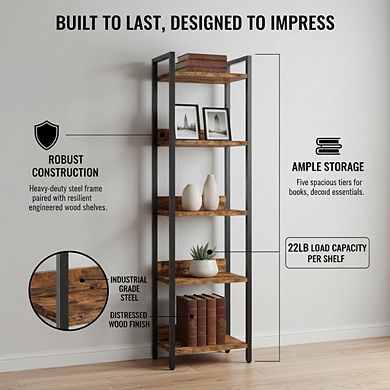 ZUQIETA 5-Tier Space-Saving Bookcase - Tall Storage Organizer for Small Rooms, Rustic Brown/Black