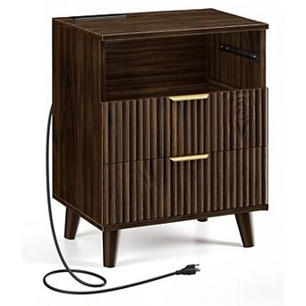 ZUQIETA Walnut Fluted Nightstand Set of 2 with Charging Station & 3 Drawers, 20" Tall