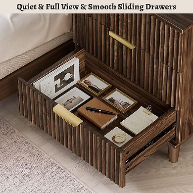 ZUQIETA Walnut Fluted Nightstand Set of 2 with Charging Station & 3 Drawers, 20" Tall