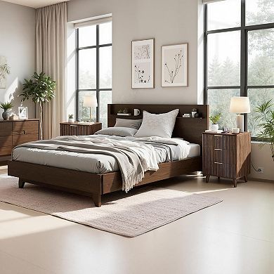 ZUQIETA Walnut Fluted Nightstand Set of 2 with Charging Station & 3 Drawers, 20" Tall