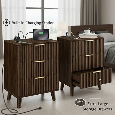 ZUQIETA Walnut Fluted Nightstand Set of 2 with Charging Station & 3 Drawers, 20" Tall