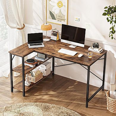 47" L Shaped Desk for Home Office or Gaming, Reversible Storage Shelves, Rustic Brown