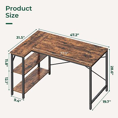 47" L Shaped Desk for Home Office or Gaming, Reversible Storage Shelves, Rustic Brown