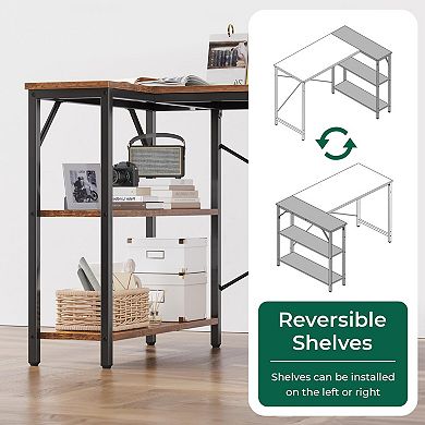 47" L Shaped Desk for Home Office or Gaming, Reversible Storage Shelves, Rustic Brown