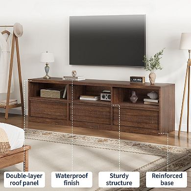 ZUQIETA 70"Mid-Century TV Stand with Storage Drawer&Open Shelves,Vintage Media Console