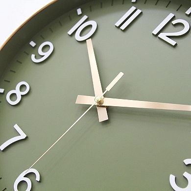 12" Silent Non-Ticking Modern Wall Clock: Olive Green & Gold, Easy to Read, Perfect for Home