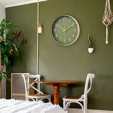 12" Silent Non-Ticking Modern Wall Clock: Olive Green & Gold, Easy to Read, Perfect for Home
