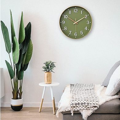 12" Silent Non-Ticking Modern Wall Clock: Olive Green & Gold, Easy to Read, Perfect for Home