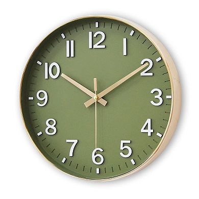 12" Silent Non-Ticking Modern Wall Clock: Olive Green & Gold, Easy to Read, Perfect for Home