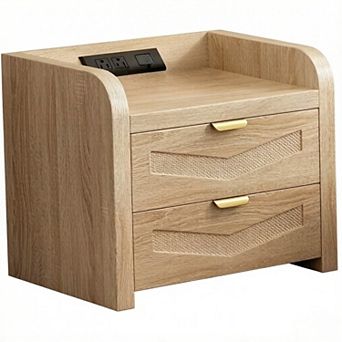 ZUQIETA Oak & Rattan Nightstand with Charging Station - Boho Bedside End Table
