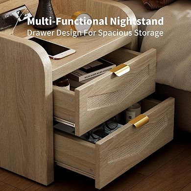 ZUQIETA Oak & Rattan Nightstand with Charging Station - Boho Bedside End Table