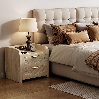 ZUQIETA Oak & Rattan Nightstand with Charging Station - Boho Bedside End Table