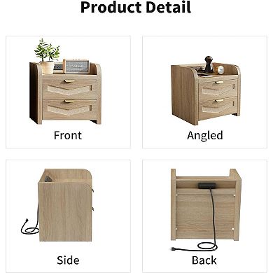 ZUQIETA Oak & Rattan Nightstand with Charging Station - Boho Bedside End Table
