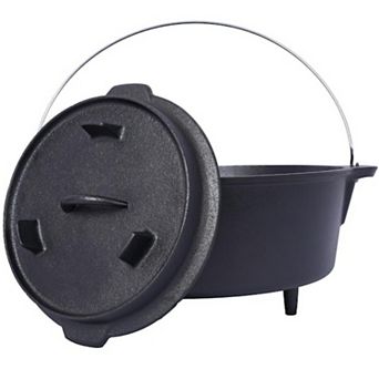 12-qt Round Pre-Seasoned Cast Iron Dutch Oven in Black with Skillet Lid and Leg Base