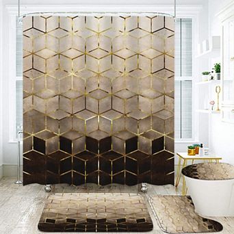 4 pc Brown Gradient Shower Curtain Set with Mats: Geometric Design, Waterproof, Easy Install