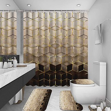 4Pcs Brown Gradient Shower Curtain Set with Mats: Geometric Design, Waterproof, Easy Install