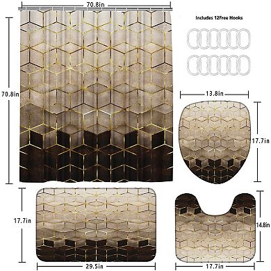 4Pcs Brown Gradient Shower Curtain Set with Mats: Geometric Design, Waterproof, Easy Install